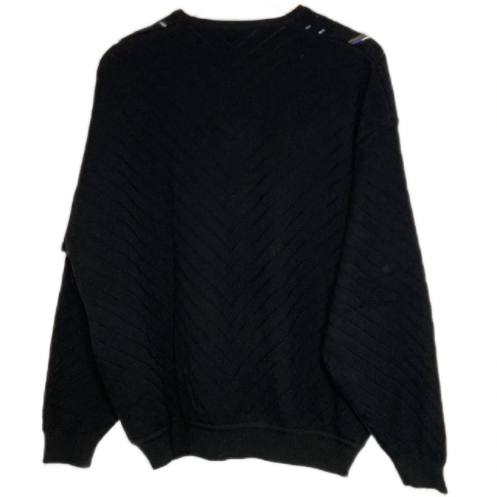 Wool Blend 3D Knit V-Neck Large Pullover Sweater Black Blue Yellow Textured